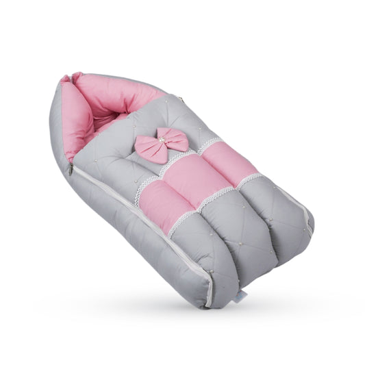 Adorables Baby Sleeping Bag | Grey & Pink | Bow Work, Pearls Work, Lace Design | Cotton & Recron
