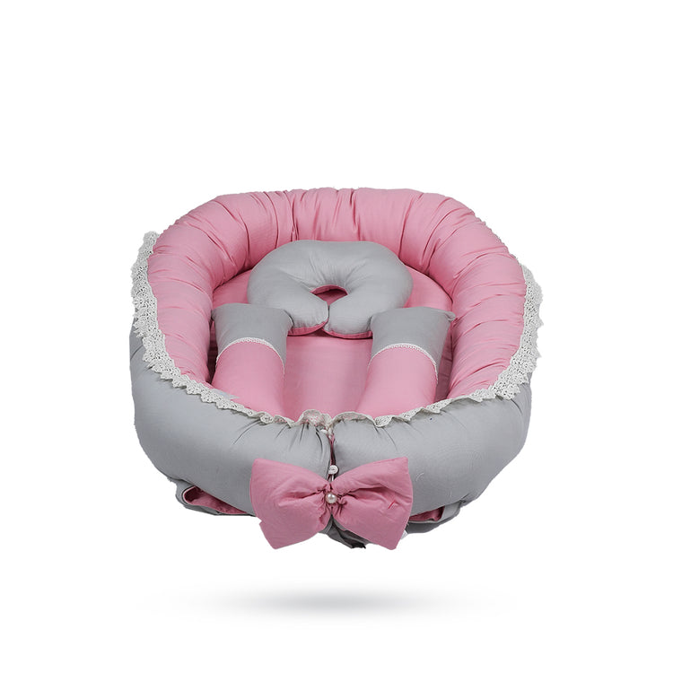 Adorables Baby Nest | Grey & Pink | Cotton & Recron | With Removable Net & Pillows