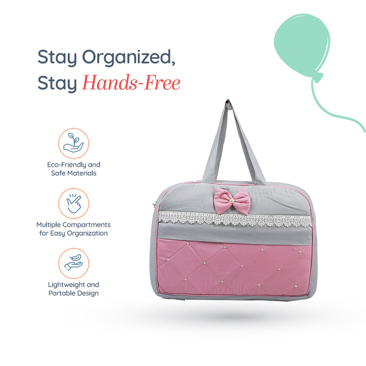 Adorables Mother Bag | Grey & Pink | Bow & Pearls Design | Cotton & Foam LD