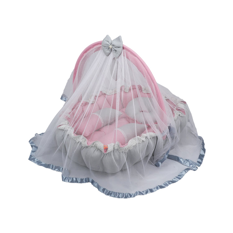 Adorables Baby Oval Bedding Combo Set 4 in 1 | Grey & Pink | Bow, Pearls & Lace Design | Cotton & Recron | With Oval Bed, Sleeping Bag, Basket (L) & Feeding Pillow