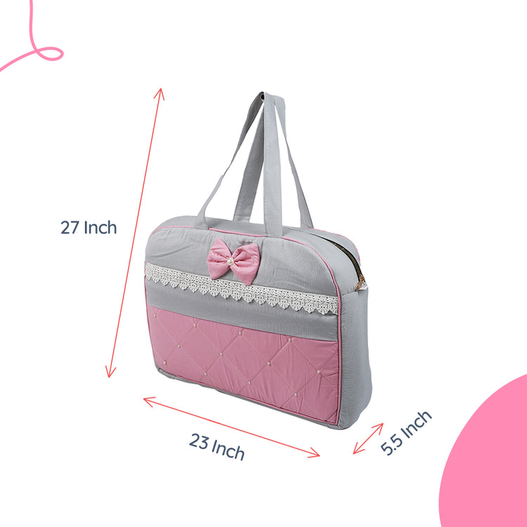 Adorables Mother Bag | Grey & Pink | Bow & Pearls Design | Cotton & Foam LD