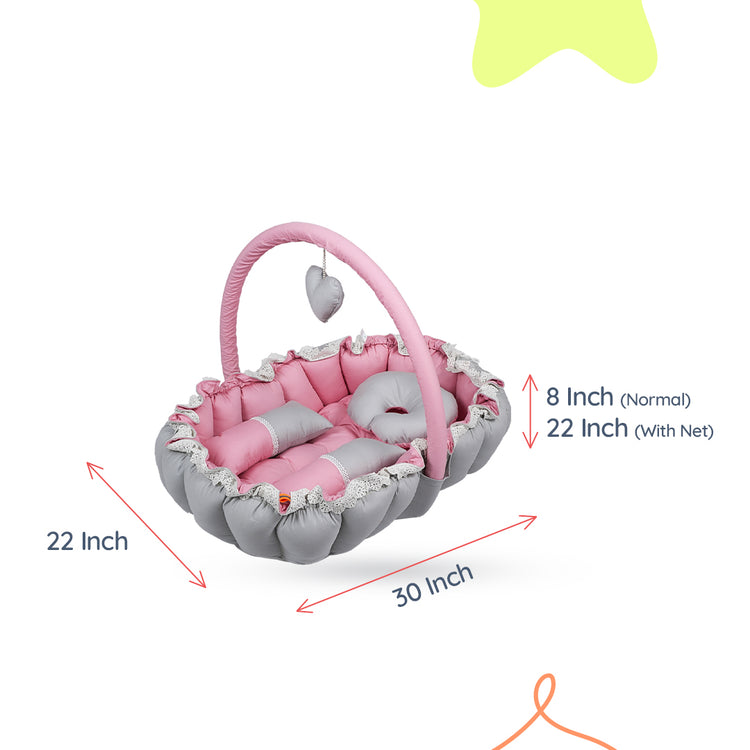 Adorables Oval Bed | Grey & Pink | Hanging Pillow, Lace Design, Removable Net