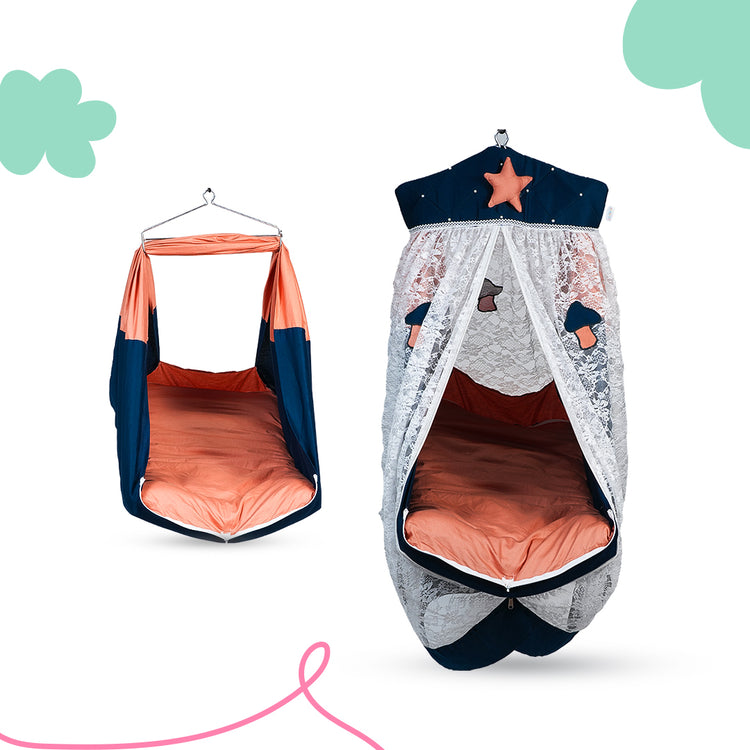 Adorables Bed Cradle | Turquoise Blue & Peach | Cotton with Recron | Mushroom Embroidery | Includes Star Hangings and Removable Net
