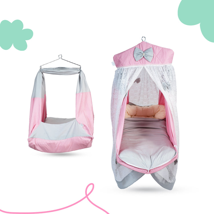 Adorables Bed Cradle | Grey & Pink | Cotton with Recron | Elegant Details for Comfort and Safety