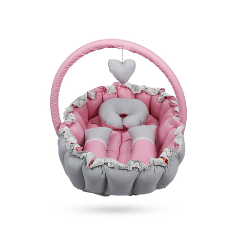 Adorables Oval Bed | Grey & Pink | Hanging Pillow, Lace Design, Removable Net