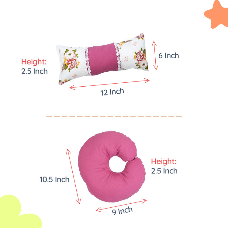 Adorables Pillow Set – Pink & White | Floral Print with Lace Design and Side & Neck Pillows