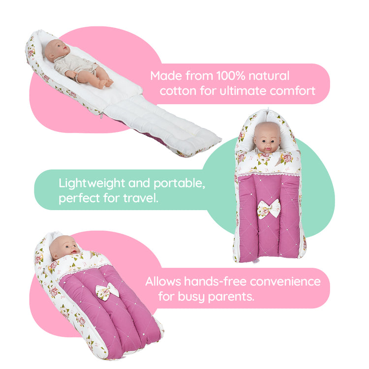 Adorables Baby Sleeping Bag | Pink & White | Floral Print, Bow Work, Pearls & Lace | Cotton & Recron