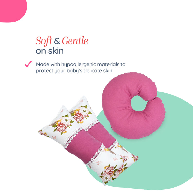 Adorables Pillow Set – Pink & White | Floral Print with Lace Design and Side & Neck Pillows