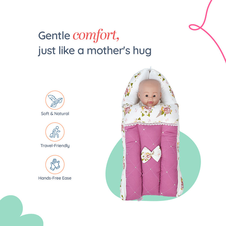 Adorables Baby Sleeping Bag | Pink & White | Floral Print, Bow Work, Pearls & Lace | Cotton & Recron