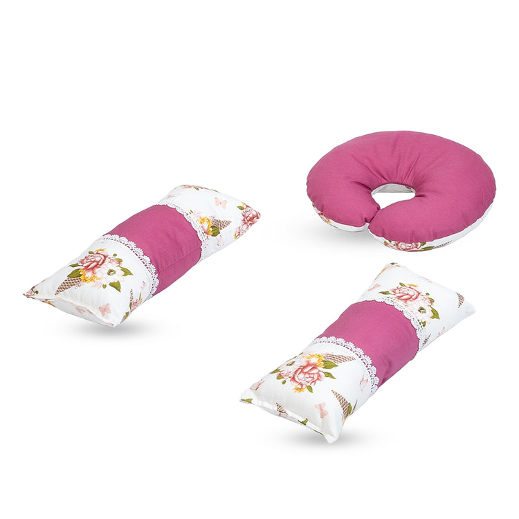 Adorables Pillow Set – Pink & White | Floral Print with Lace Design and Side & Neck Pillows