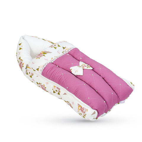 Adorables Baby Sleeping Bag | Pink & White | Floral Print, Bow Work, Pearls & Lace | Cotton & Recron