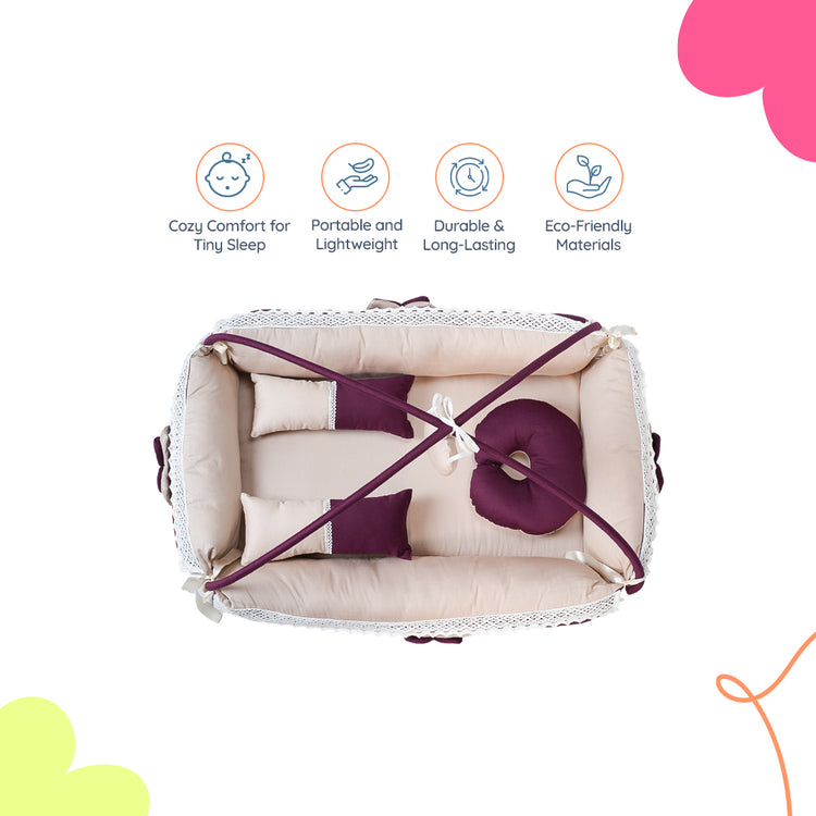 Adorables Square Bed | Purple & Beige | Hanging Pillow, Lace Design | Cotton & Recron