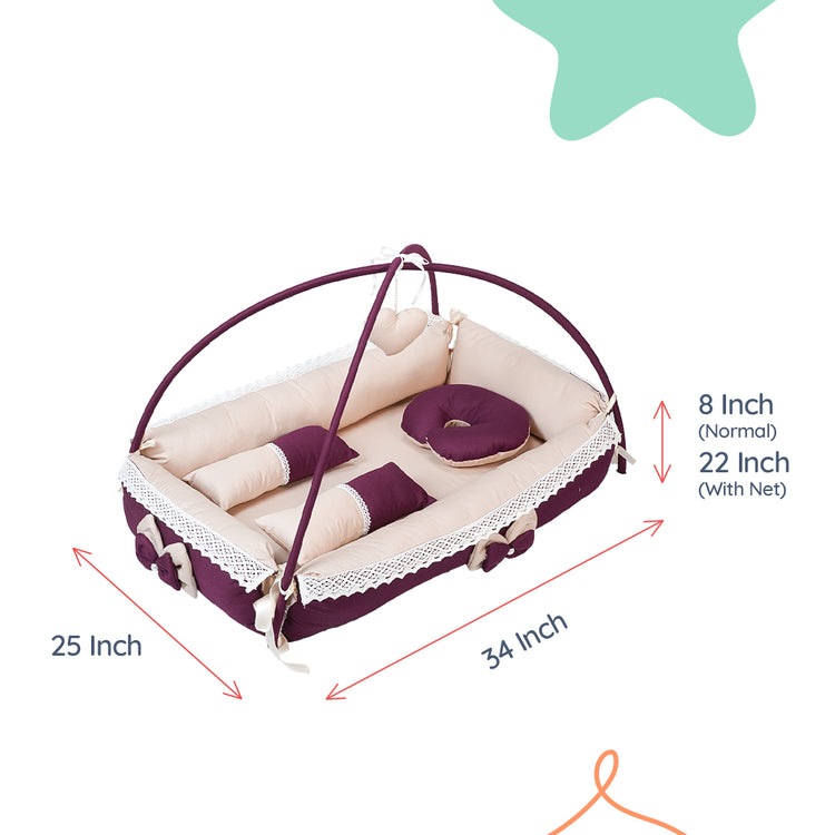 Adorables Square Bed | Purple & Beige | Hanging Pillow, Lace Design | Cotton & Recron