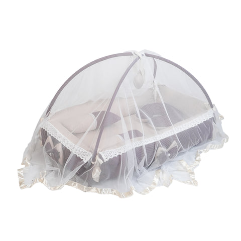 Adorables Square Bed | Purple & Beige | Hanging Pillow, Lace Design | Cotton & Recron