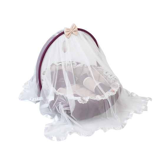 Adorables Oval Bed | Purple & Beige | Hanging Pillow, Lace Design | Cotton & Recron