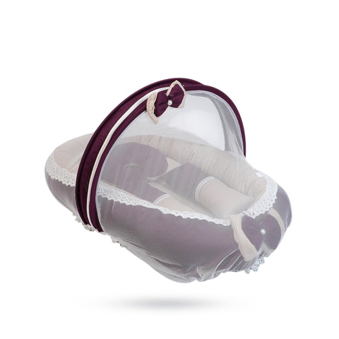 Adorables Baby Nest | Purple & Beige | Cotton & Recron | With Removable Net & Pillows