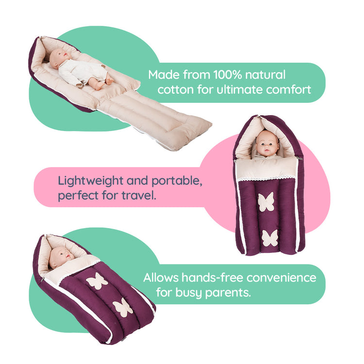 Adorables Baby Sleeping Bag | Purple & Beige | Butterfly Embroidery, Lace Design | Cotton & Recron