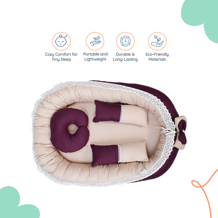 Adorables Baby Nest | Purple & Beige | Cotton & Recron | With Removable Net & Pillows