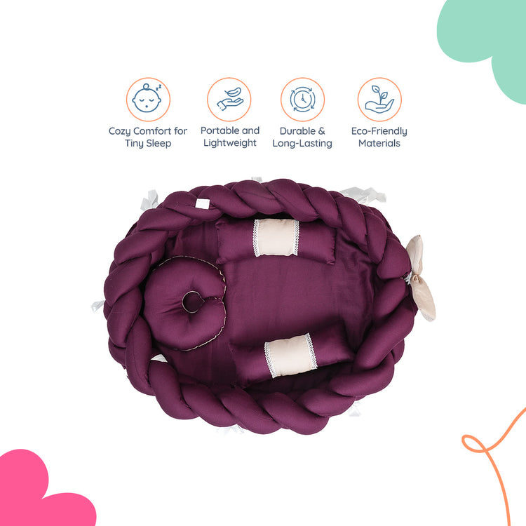 Adorables Braided Nest | Soft Cotton & Foam | Purple & Beige | Side Pillows, Neck Pillow, and Protective Net