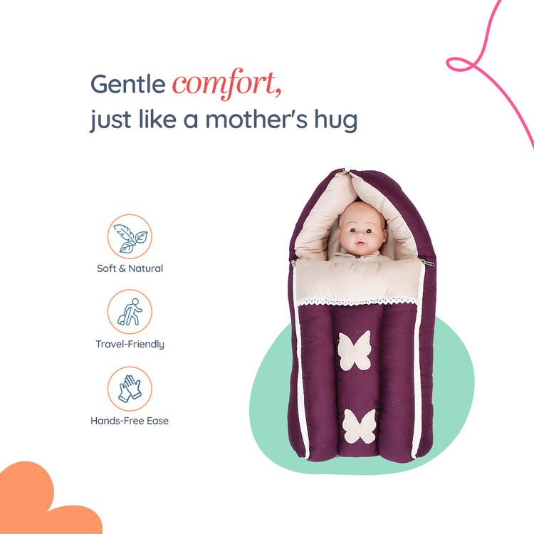 Adorables Baby Nest Bedding Combo Set 3 in 1 | Purple & Beige | Butterfly Embroidery | Cotton & Recron | With Nest Bed, Basket (L) & Sleeping Bag
