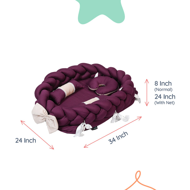 Adorables Braided Nest | Soft Cotton & Foam | Purple & Beige | Side Pillows, Neck Pillow, and Protective Net