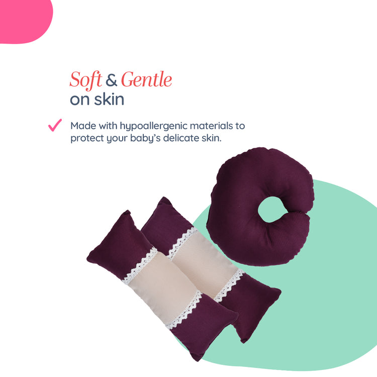 Adorables Pillow Set – Purple & Beige | Lace Design with Side & Neck Pillows