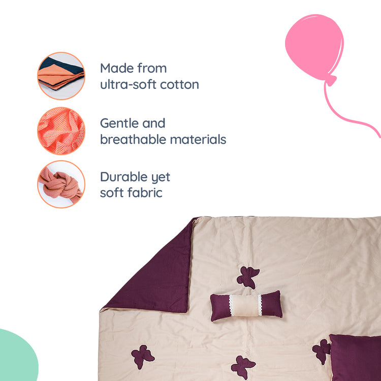 Adorables Quilt-L | Purple & Beige | Cotton & Recron Sheet | Includes Side & Neck Pillows