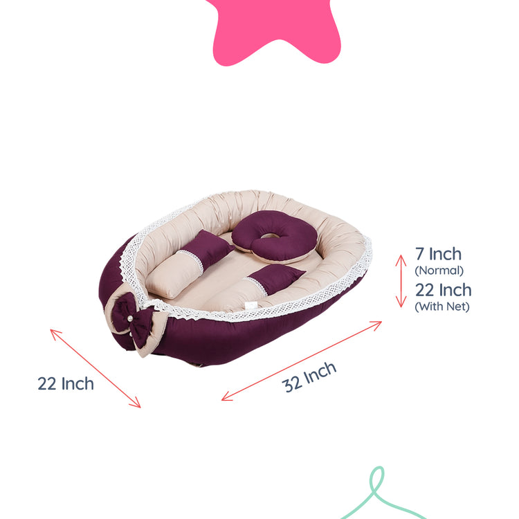 Adorables Baby Nest Bedding Combo Set 4 in 1 | Purple & Beige | Butterfly Embroidery, Bow & Lace Design | Cotton & Recron | Includes Baby Nest, Sleeping Bag, Basket (L) & Feeding Pillow.