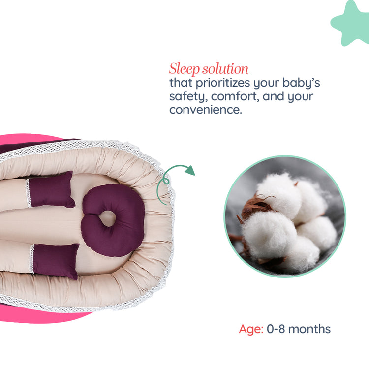 Adorables Baby Nest | Purple & Beige | Cotton & Recron | With Removable Net & Pillows