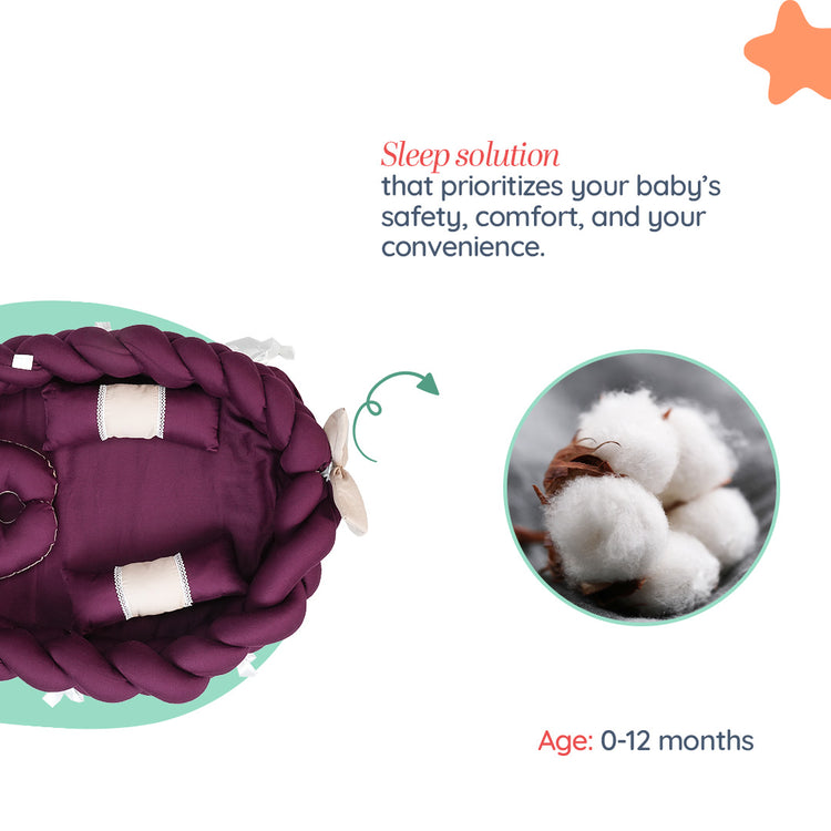 Adorables Braided Nest | Soft Cotton & Foam | Purple & Beige | Side Pillows, Neck Pillow, and Protective Net