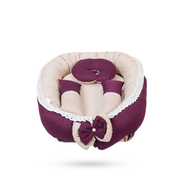 Adorables Baby Nest | Purple & Beige | Cotton & Recron | With Removable Net & Pillows