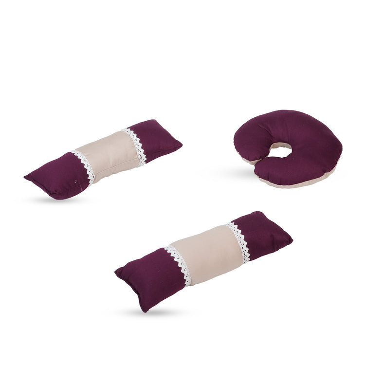 Adorables Pillow Set – Purple & Beige | Lace Design with Side & Neck Pillows