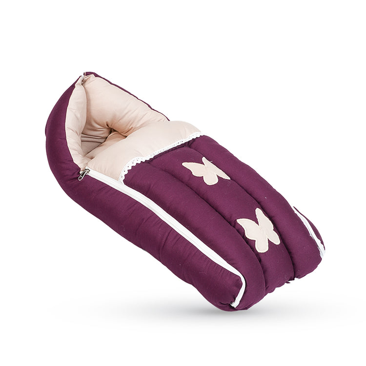 Adorables Baby Braided Bedding Combo Set 3 in 1 | Purple & Beige | Butterfly Embroidery & Lace Design | Cotton & Recron | With Braided Nest, Basket (L) & Sleeping Bag