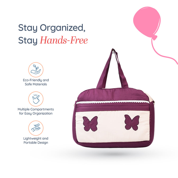 Adorables Mother Bag | Purple & Beige | Butterfly Embroidery & Lace Design | Cotton & Foam LD
