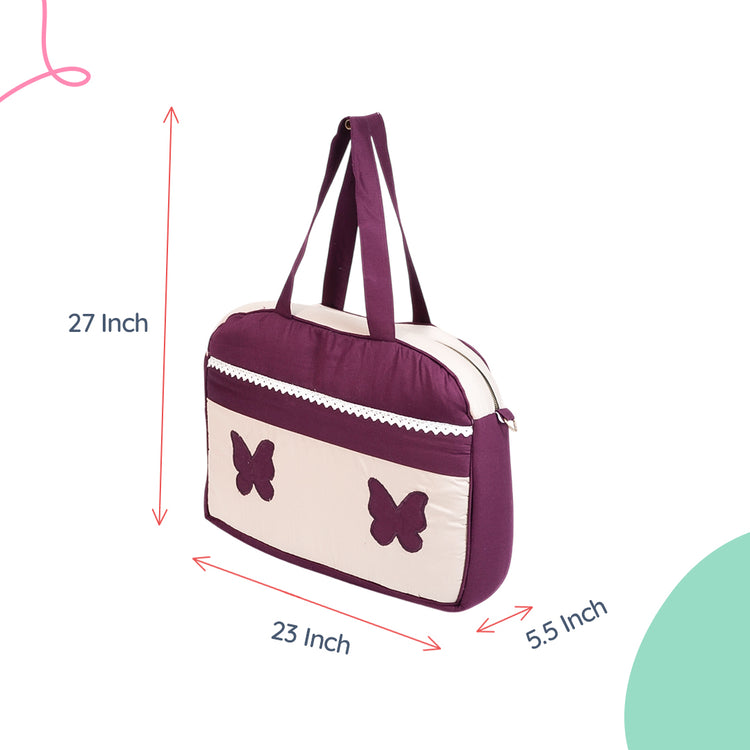 Adorables Mother Bag | Purple & Beige | Butterfly Embroidery & Lace Design | Cotton & Foam LD