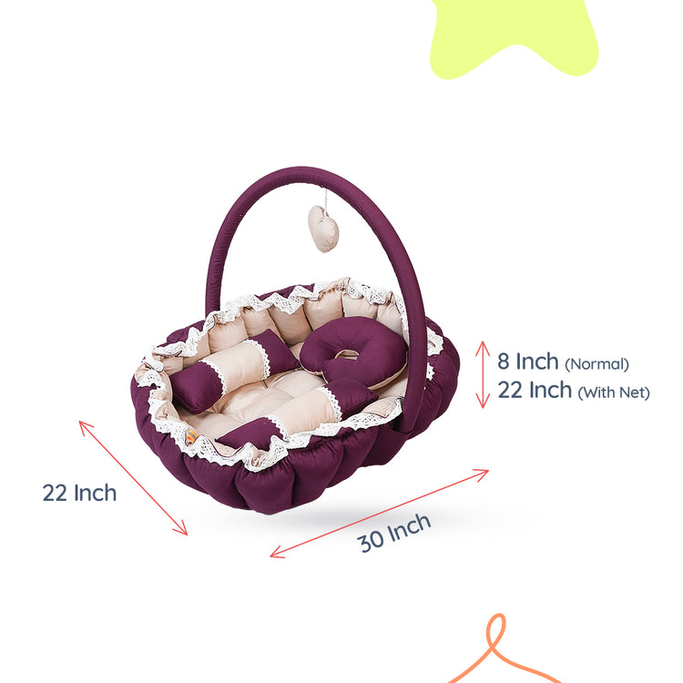 Adorables Oval Bed | Purple & Beige | Hanging Pillow, Lace Design | Cotton & Recron