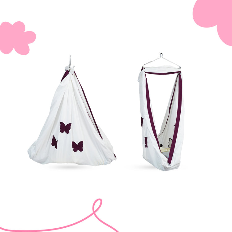 Adorables Cradle Set | Purple & Beige | Cotton with Net | Elegant & Secure Sleeping Space