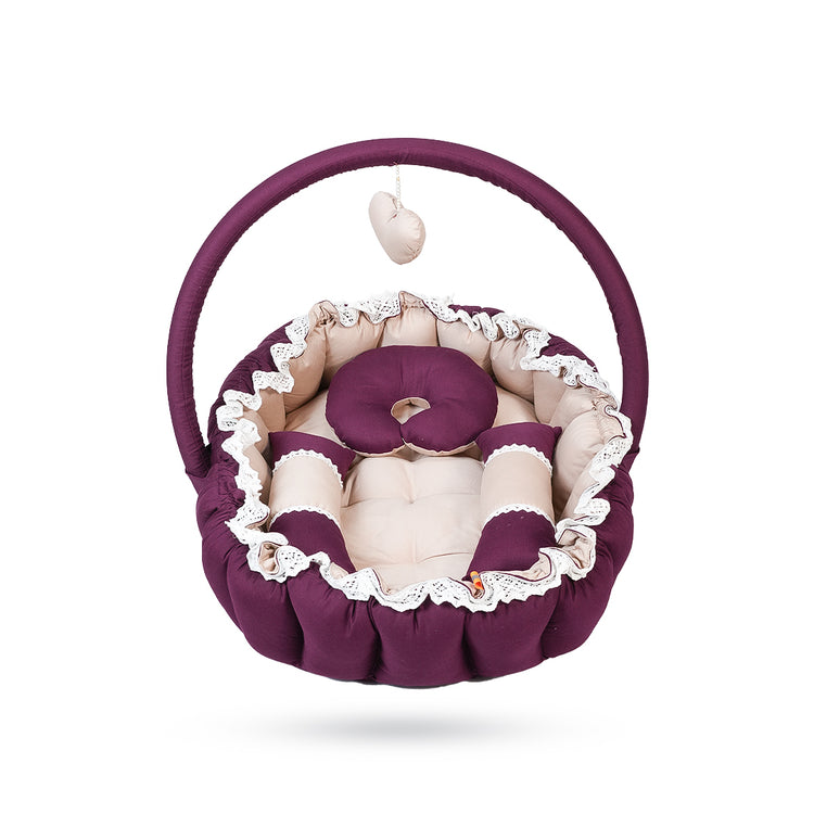 Adorables Baby Oval Bedding Combo Set 3 in 1 | Purple & Beige | Butterfly Embroidery, Lace Design | Cotton and Recron | With Oval Bed, Basket (Large) and Sleeping Bag