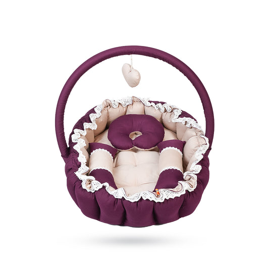 Adorables Oval Bed | Purple & Beige | Hanging Pillow, Lace Design | Cotton & Recron