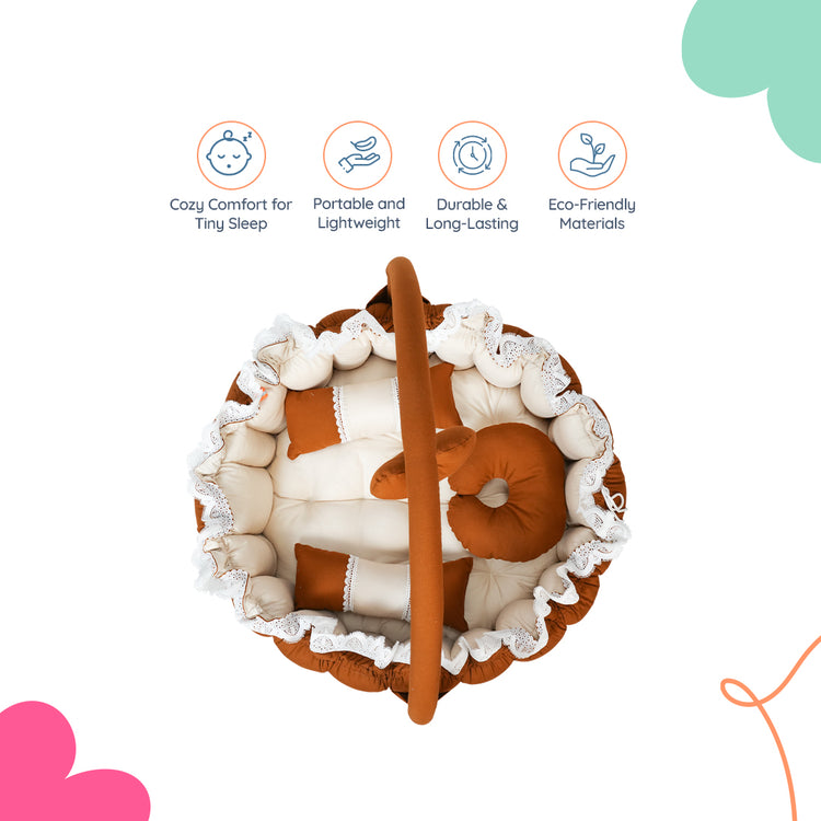 Adorables Baby Round Bedding Combo Set 3 in 1 | Coffee & Off White | Bow & Lace Work | Cotton & Recron | Includes Round Bed, Sleeping Bag & Large Basket
