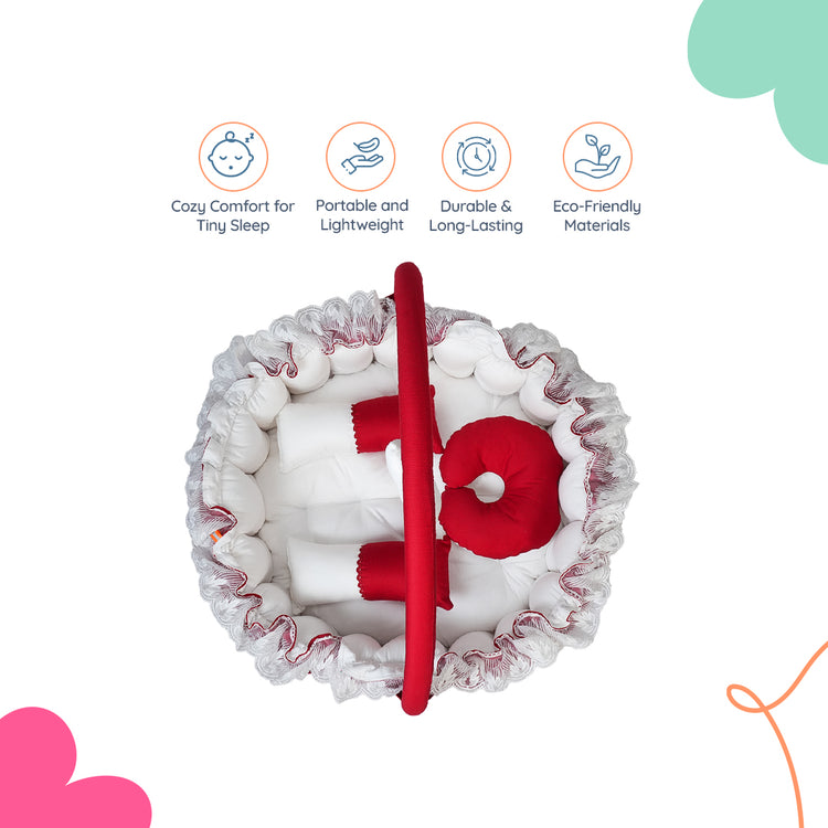 Adorables Round Bed | Red & White | Hanging Pillow, Lace Design | Cotton & Recron