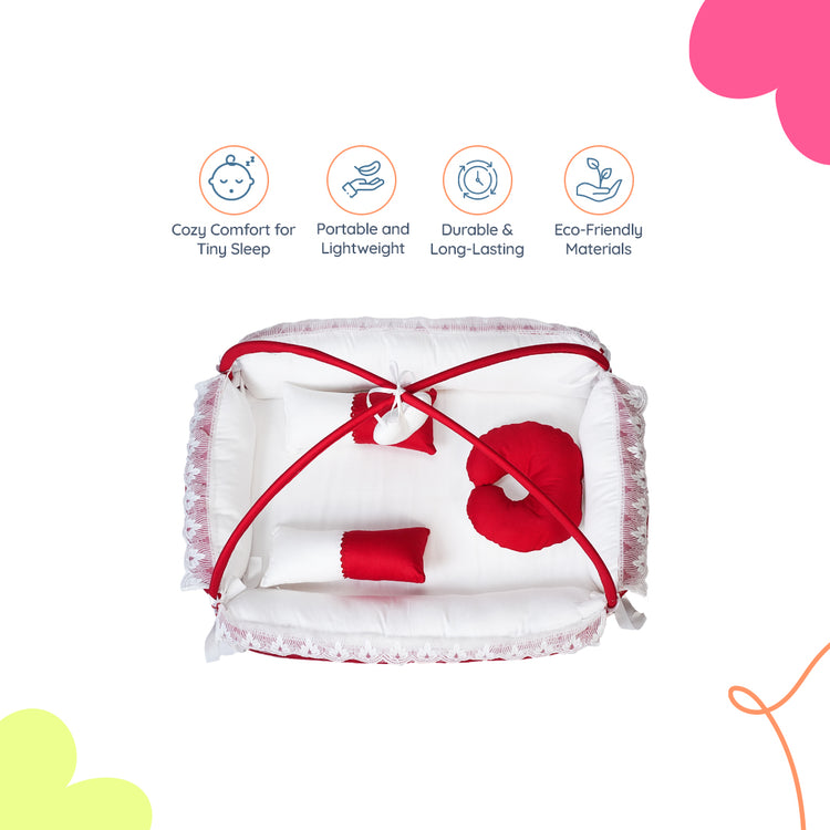 Adorables Square Bed | Red & White | Hanging Pillow, Lace Design | Cotton & Recron