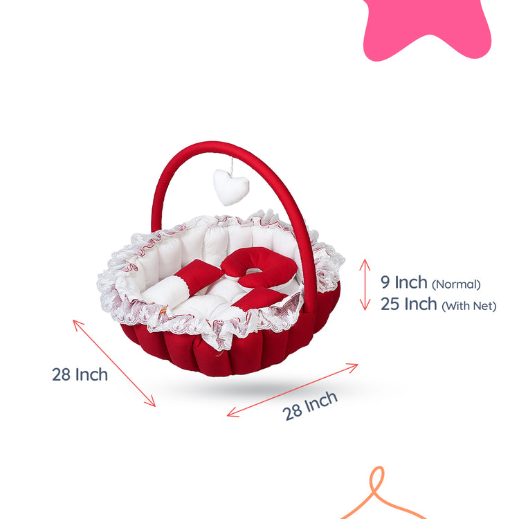 Adorables Round Bed | Red & White | Hanging Pillow, Lace Design | Cotton & Recron