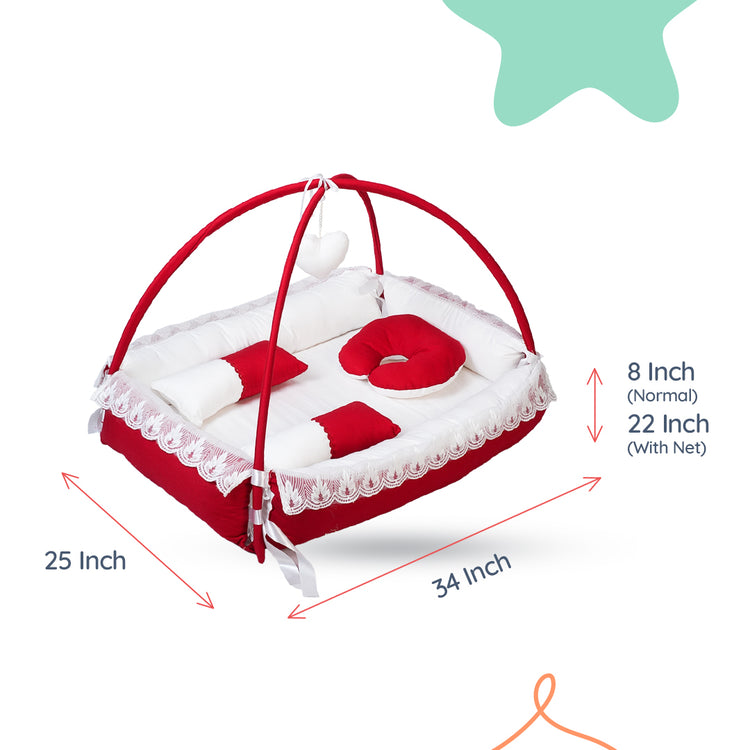 Adorables Square Bed | Red & White | Hanging Pillow, Lace Design | Cotton & Recron