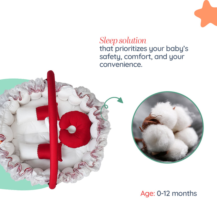 Adorables Round Bed | Red & White | Hanging Pillow, Lace Design | Cotton & Recron
