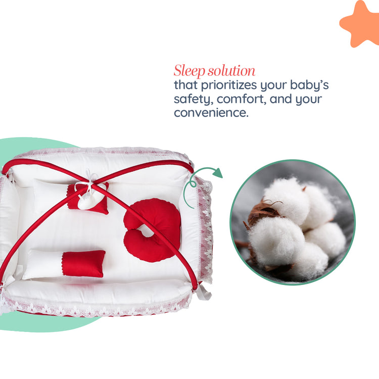 Adorables Square Bed | Red & White | Hanging Pillow, Lace Design | Cotton & Recron