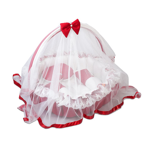 Adorables Round Bed | Red & White | Hanging Pillow, Lace Design | Cotton & Recron