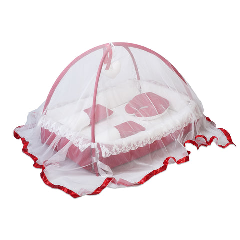 Adorables Square Bed | Red & White | Hanging Pillow, Lace Design | Cotton & Recron