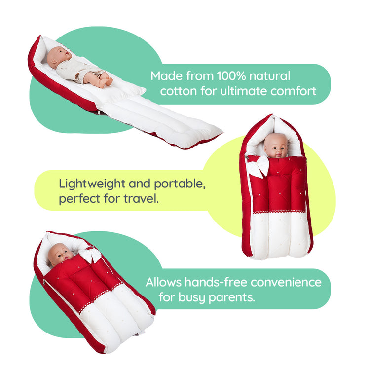 Adorables Baby Sleeping Bag | Red & White | Bow Work, Pearls, Lace Design | Cotton & Recron