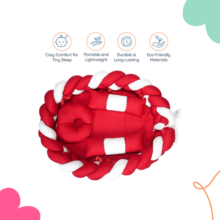 Adorables Braided Nest – Soft Cotton & Foam | Red & White | Side Pillows, Neck Pillow, and Protective Net